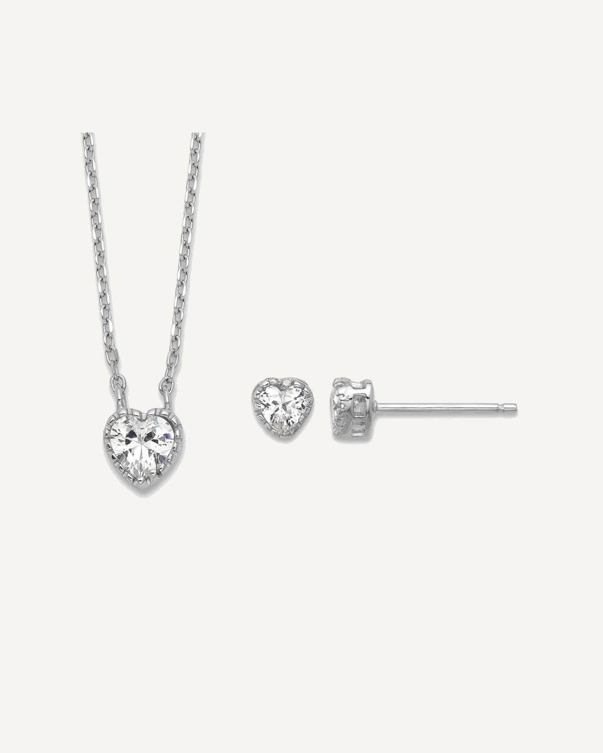 Sterling Silver Rhodium-plated Polished CZ Heart 13in with 2in Ext. Youth Necklace and Stud Earring Set – View 1