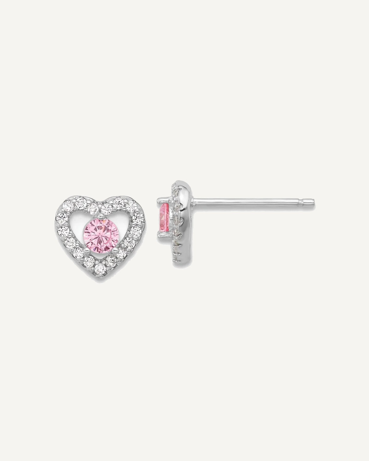 Sterling Silver Rhodium-plated Polished Pink and White CZ Heart Children's 10in with 2in Ext. Necklace and Post Earring Set – View 2