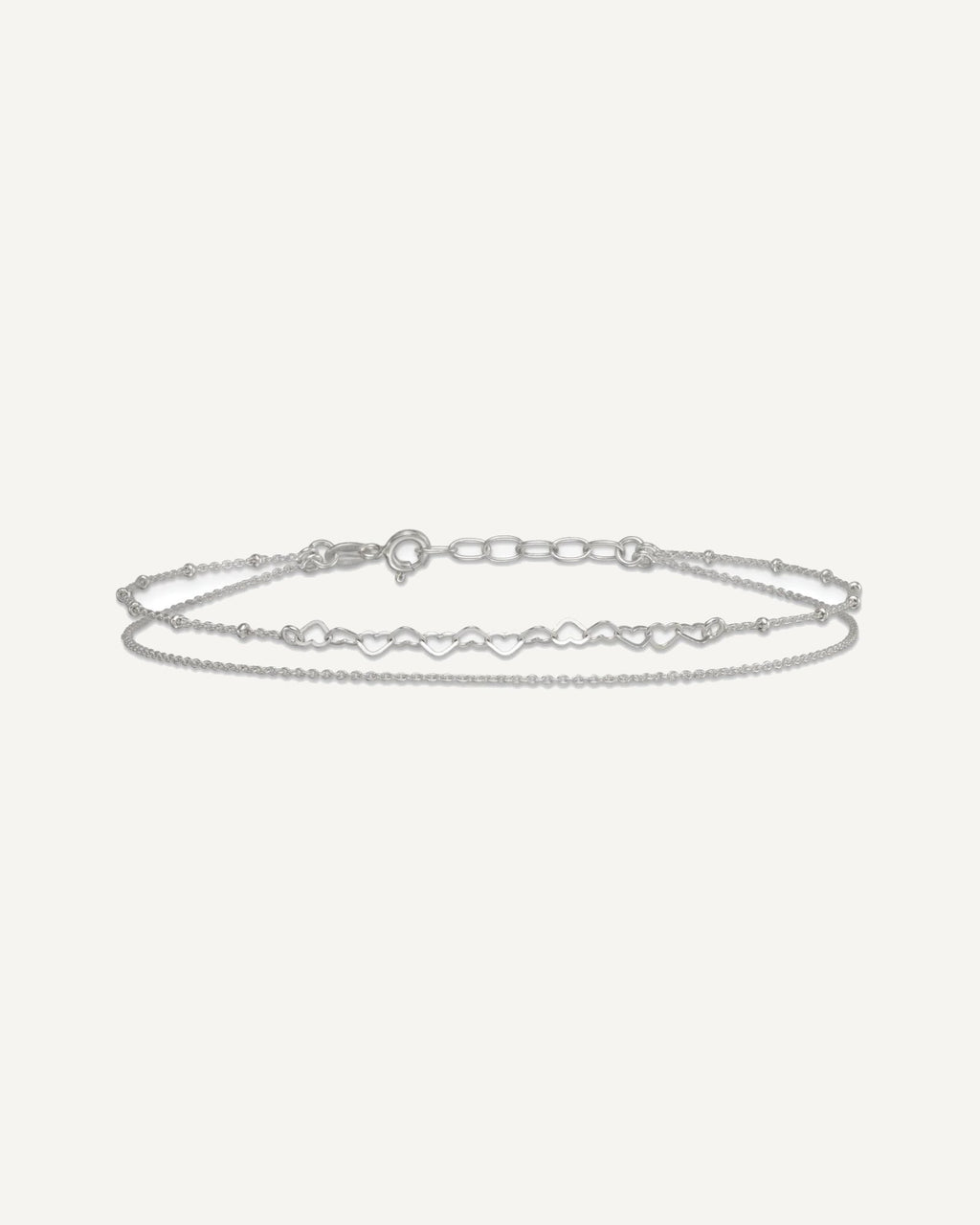 Sterling Silver Beaded Hearts Double Strand 9 inch with 1 inch Extender - Total 10 inch Anklet – View 4