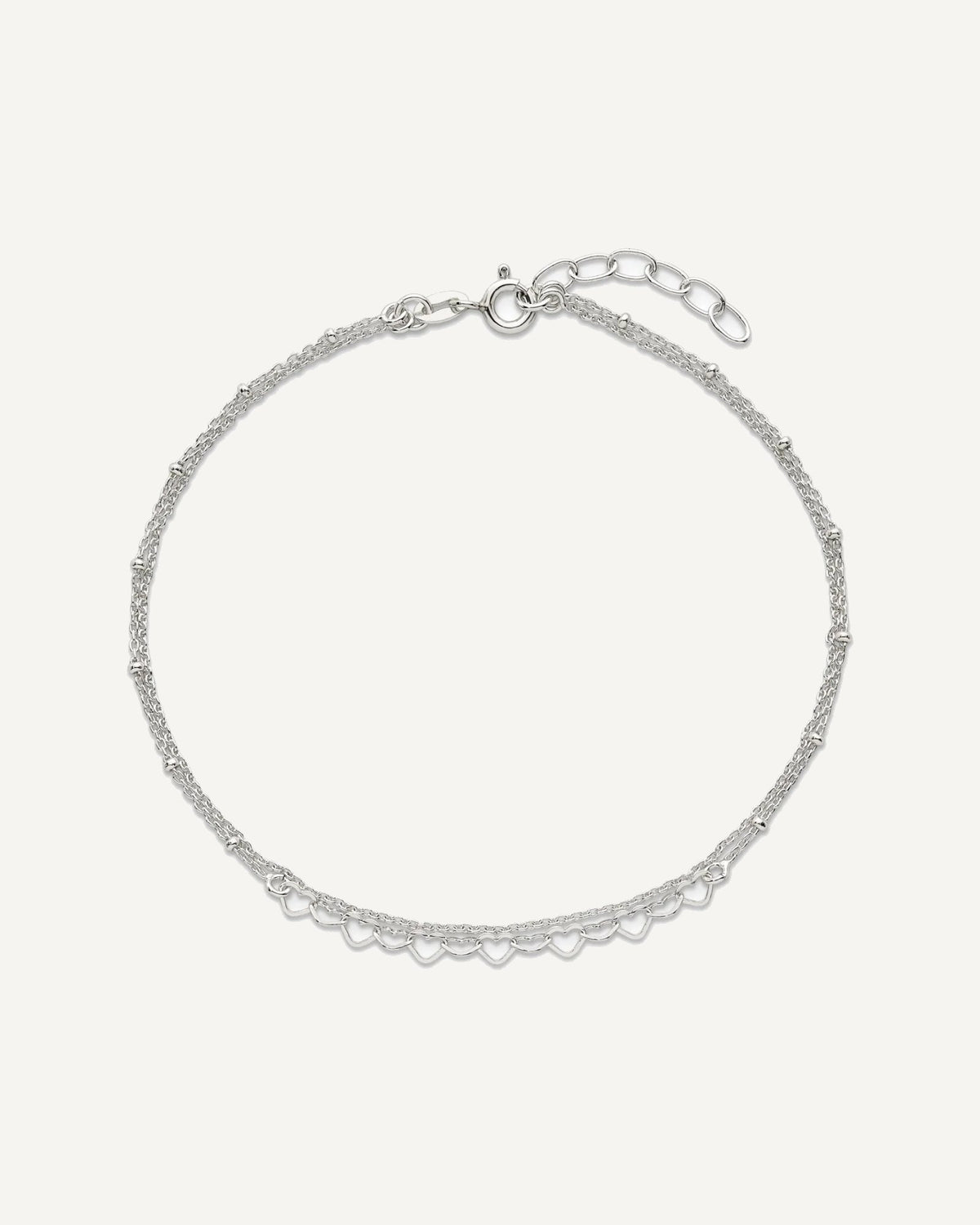 Sterling Silver Beaded Hearts Double Strand 9 inch with 1 inch Extender - Total 10 inch Anklet – View 5