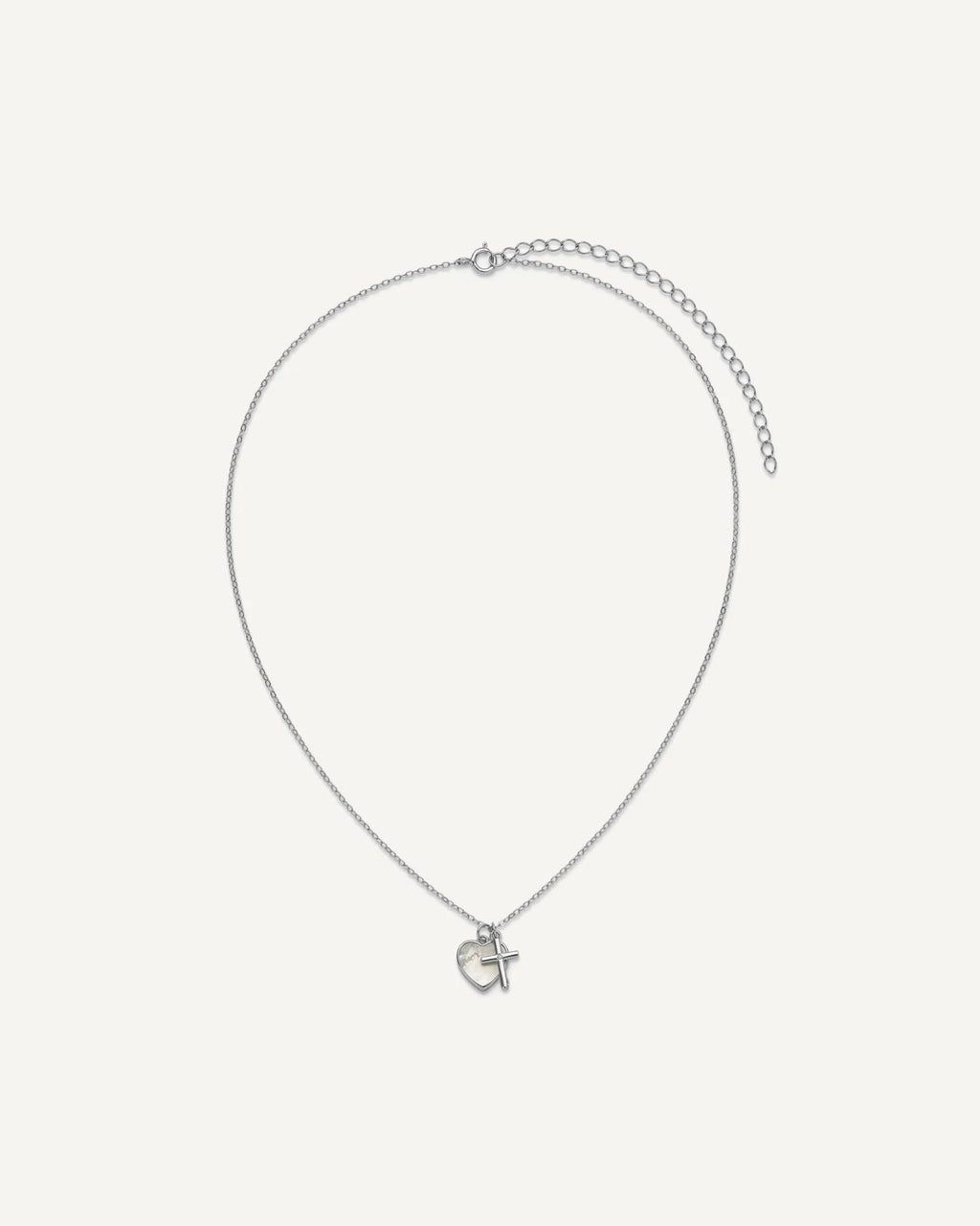 Sterling Silver Cross w/CZ and Mother of Pearl Heart Necklace – View 4