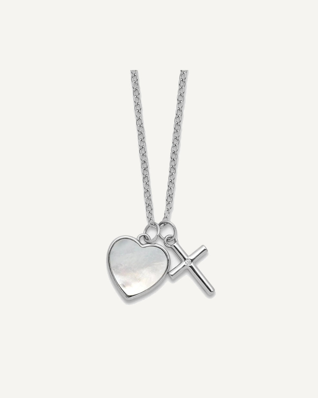 Sterling Silver Cross w/CZ and Mother of Pearl Heart Necklace – View 1