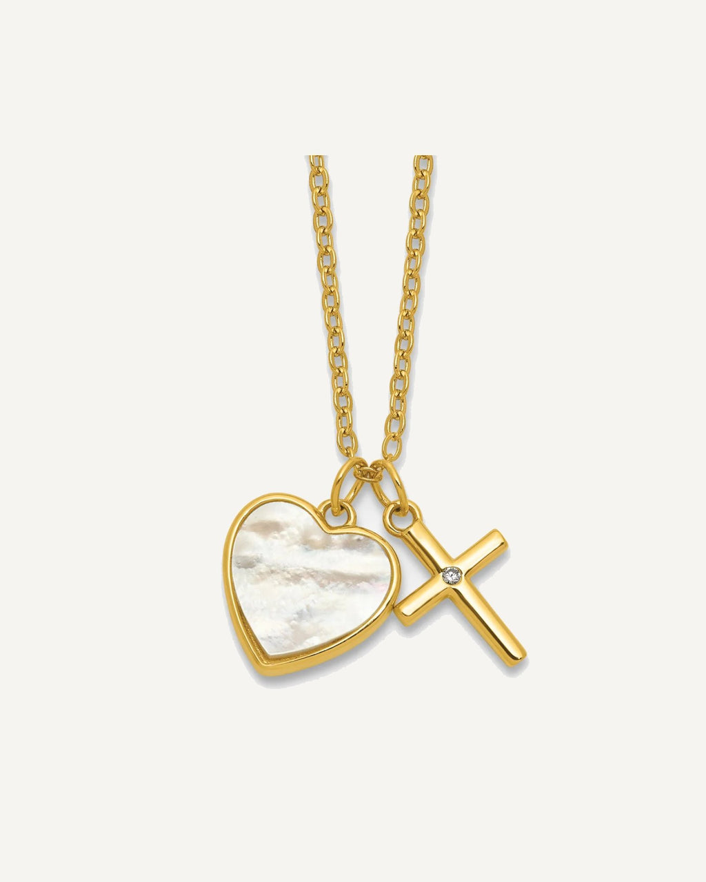 Sterling Silver Cross w/CZ and Mother of Pearl Heart Necklace – View 7
