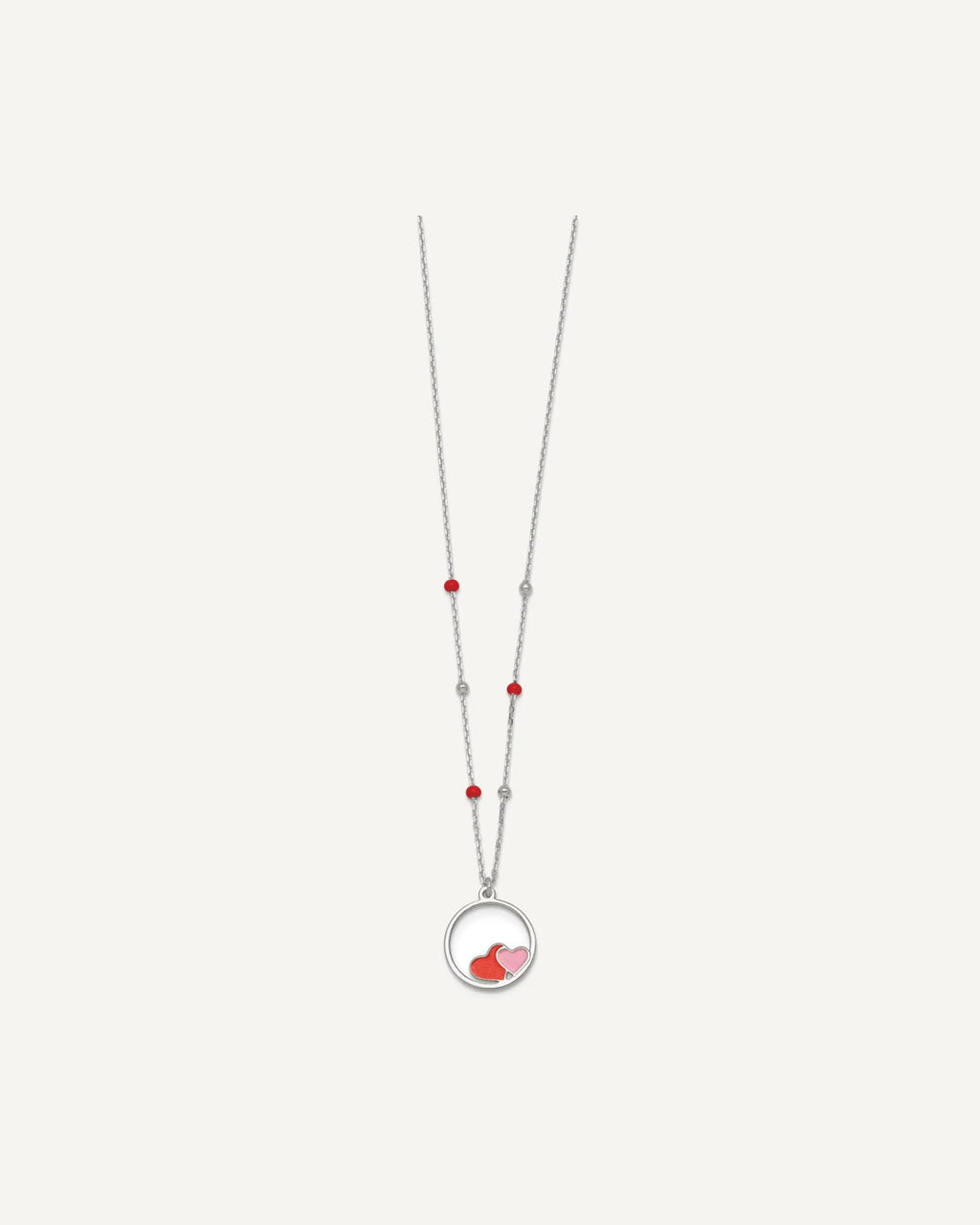 Sterling Silver Polished Beaded Red and Pink Enameled Hearts in Circle 14 inch Necklace – View 2