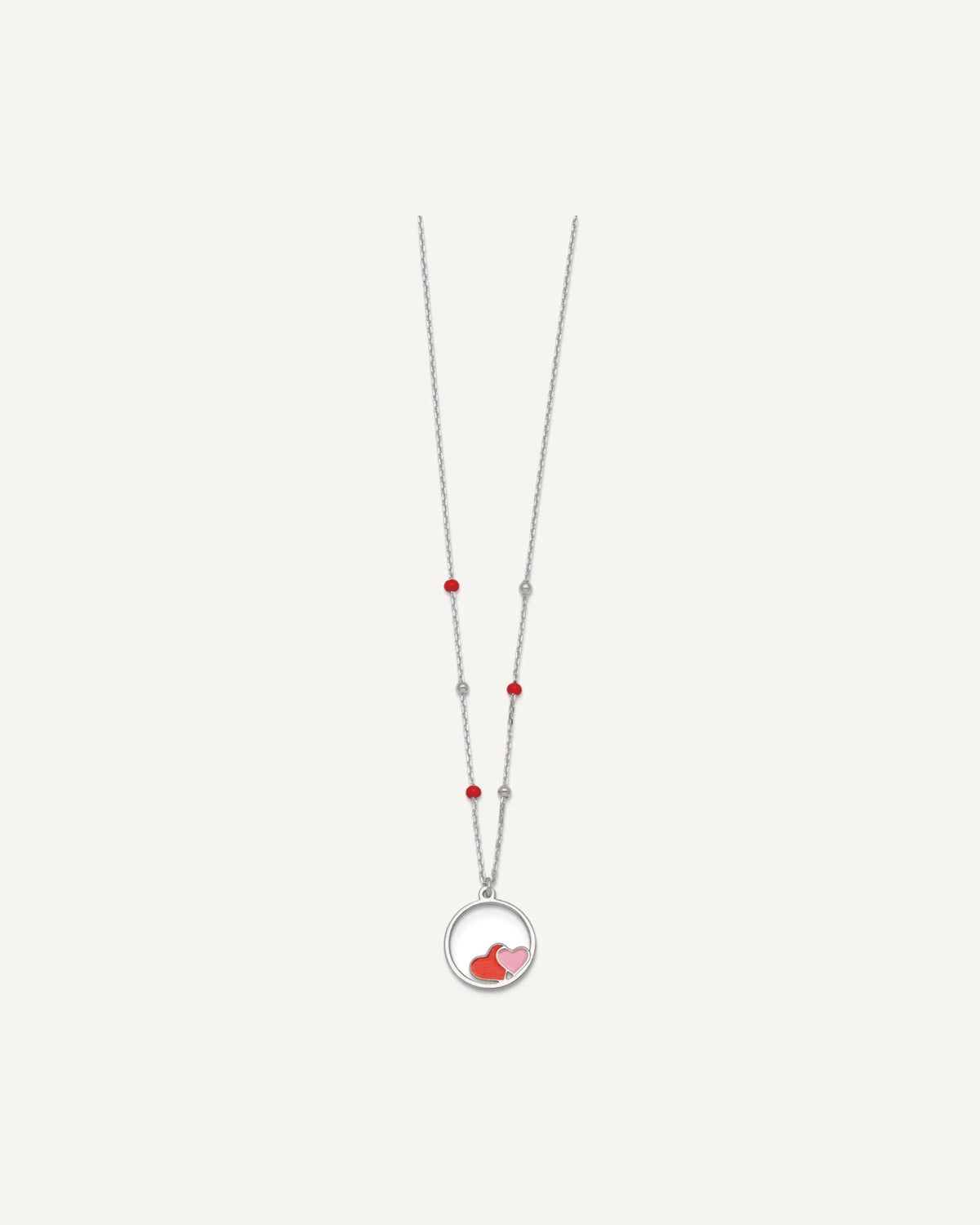 Sterling Silver Polished Beaded Red and Pink Enameled Hearts in Circle 14 inch Necklace – View 2