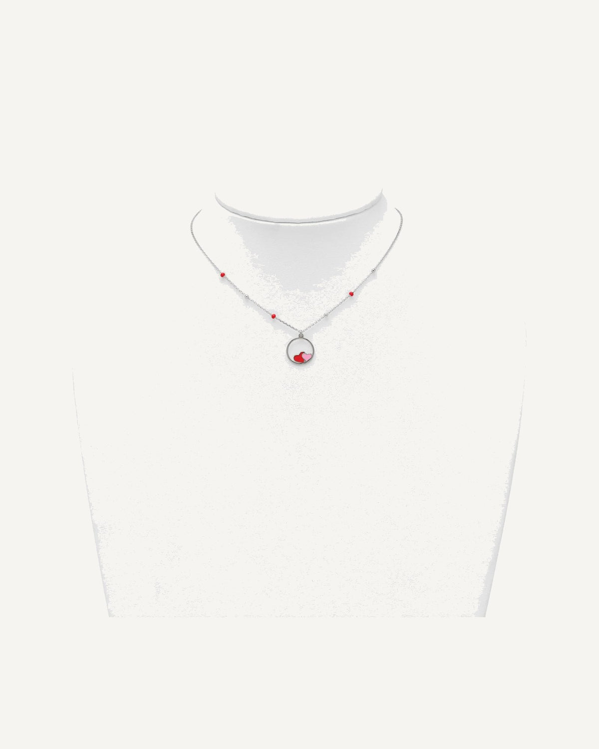 Sterling Silver Polished Beaded Red and Pink Enameled Hearts in Circle 14 inch Necklace – View 3