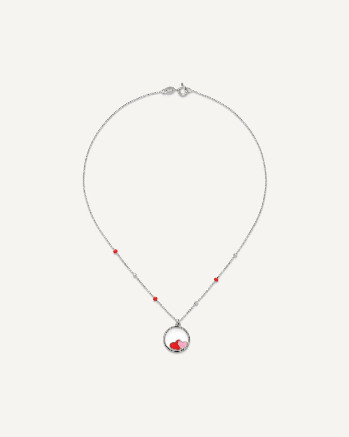 Sterling Silver Polished Beaded Red and Pink Enameled Hearts in Circle 14 inch Necklace – View 4