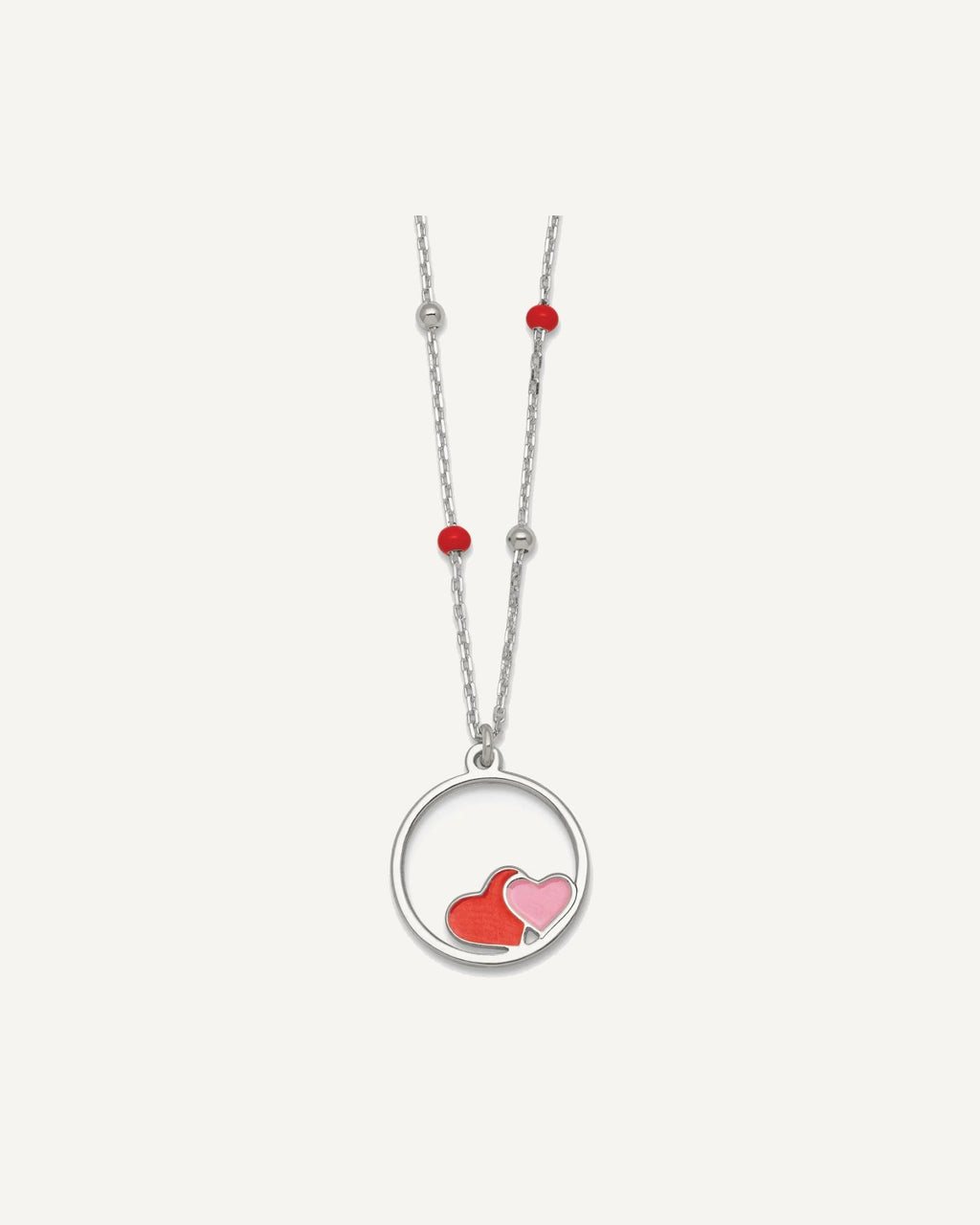 Sterling Silver Polished Beaded Red and Pink Enameled Hearts in Circle 14 inch Necklace – View 1