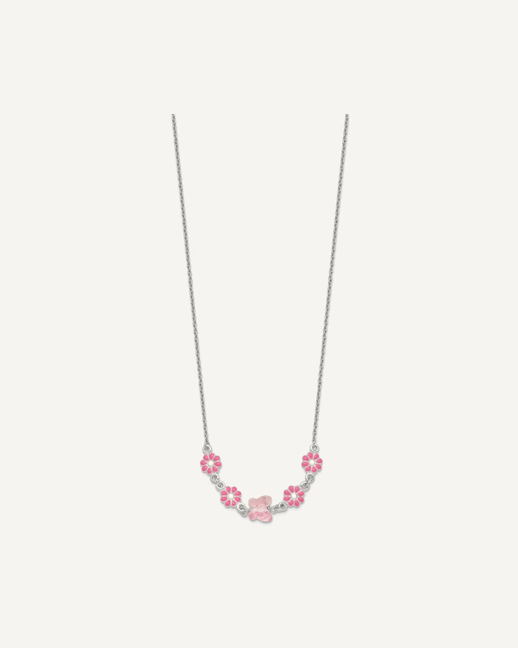 Sterling Silver Polished Pink Enameled Flowers and Pink Glass Butterfly 14 Inch Necklace – View 2