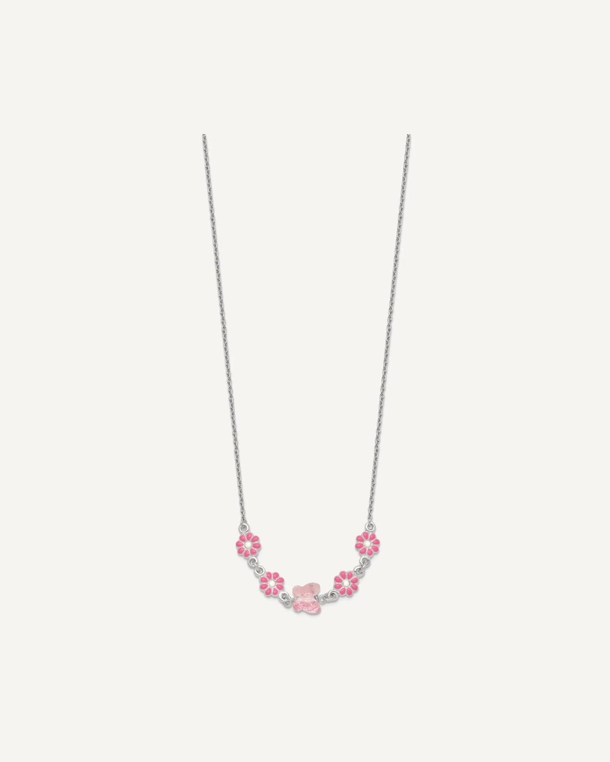 Sterling Silver Polished Pink Enameled Flowers and Pink Glass Butterfly 14 Inch Necklace – View 2