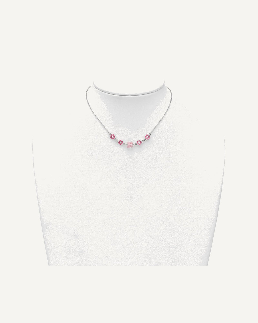 Sterling Silver Polished Pink Enameled Flowers and Pink Glass Butterfly 14 Inch Necklace – View 3