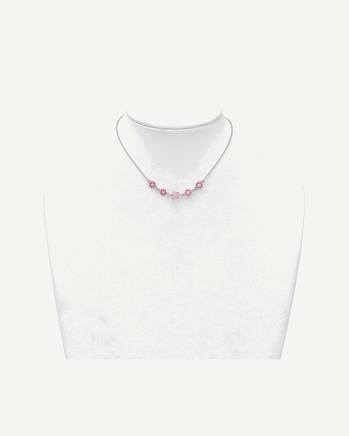 Sterling Silver Polished Pink Enameled Flowers and Pink Glass Butterfly 14 Inch Necklace – View 3