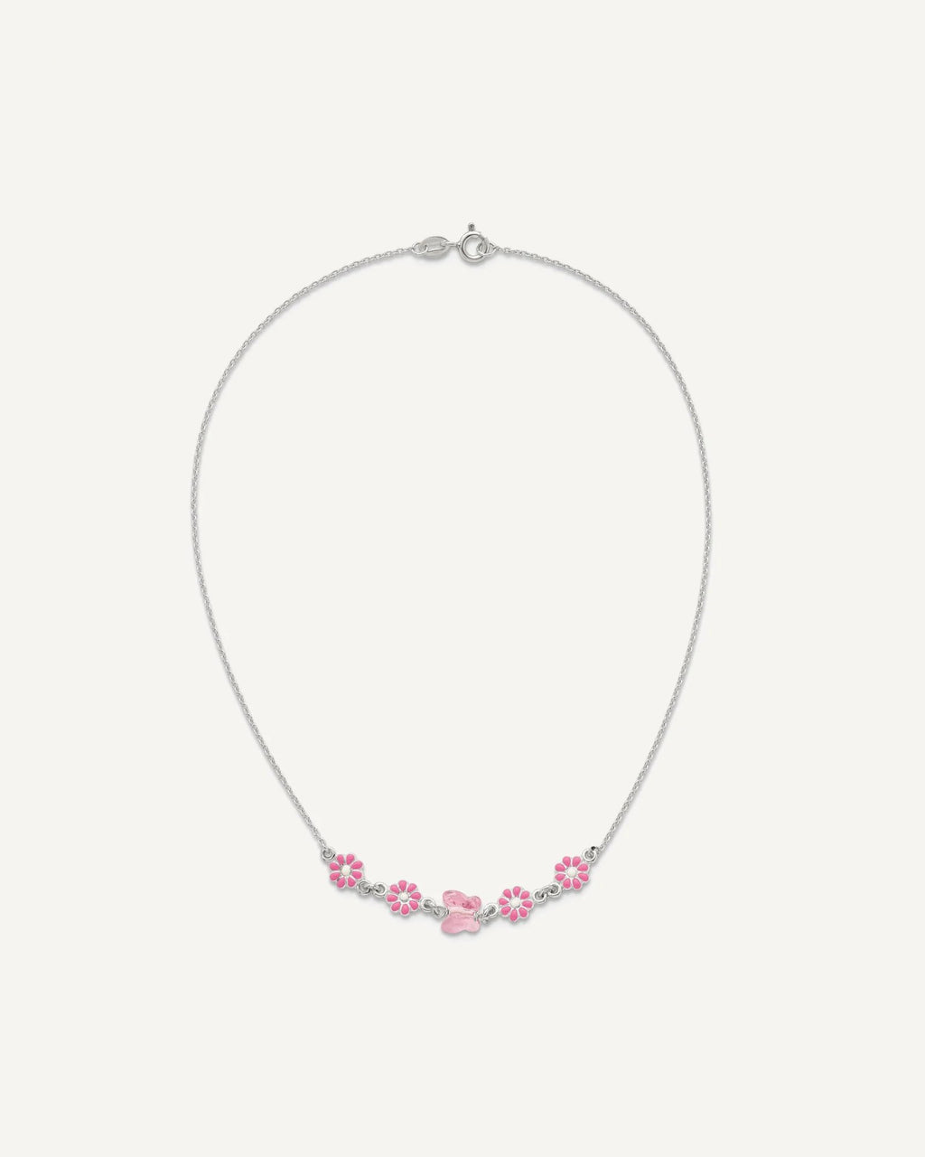 Sterling Silver Polished Pink Enameled Flowers and Pink Glass Butterfly 14 Inch Necklace – View 4