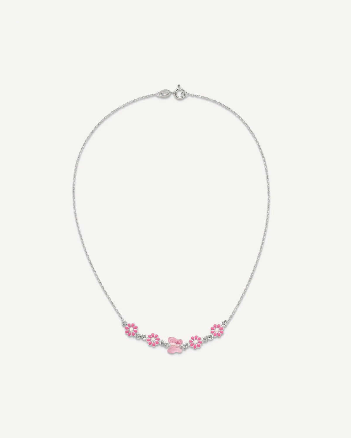 Sterling Silver Polished Pink Enameled Flowers and Pink Glass Butterfly 14 Inch Necklace – View 4