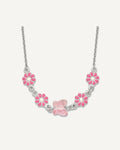 Sterling Silver Polished Pink Enameled Flowers and Pink Glass Butterfly 14 Inch Necklace – View 1