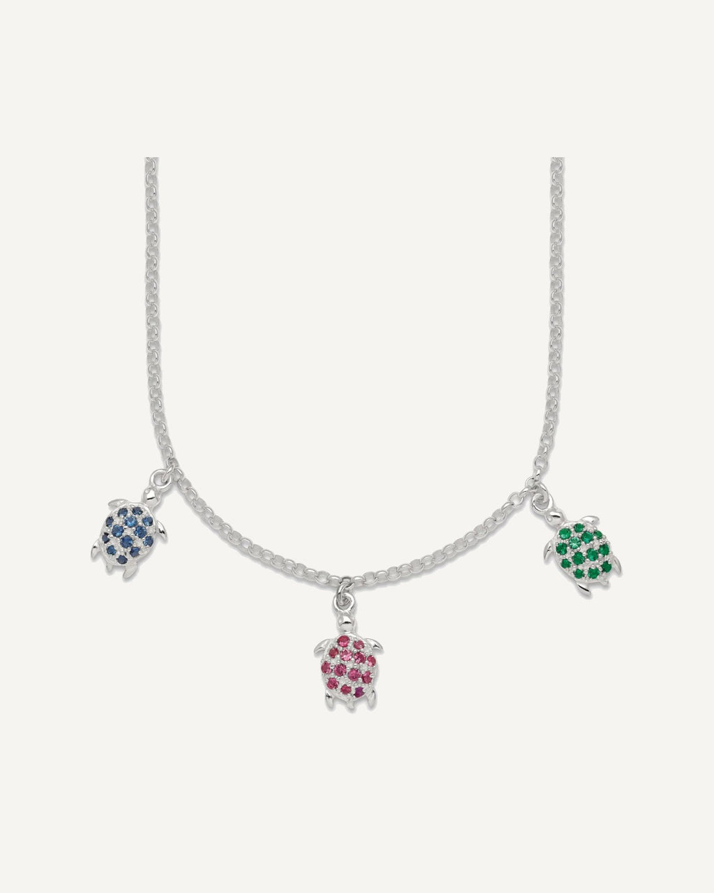 Sterling Silver Polished Green/Red/Blue Nano Crystal Turtles 16 inch Necklace – View 1
