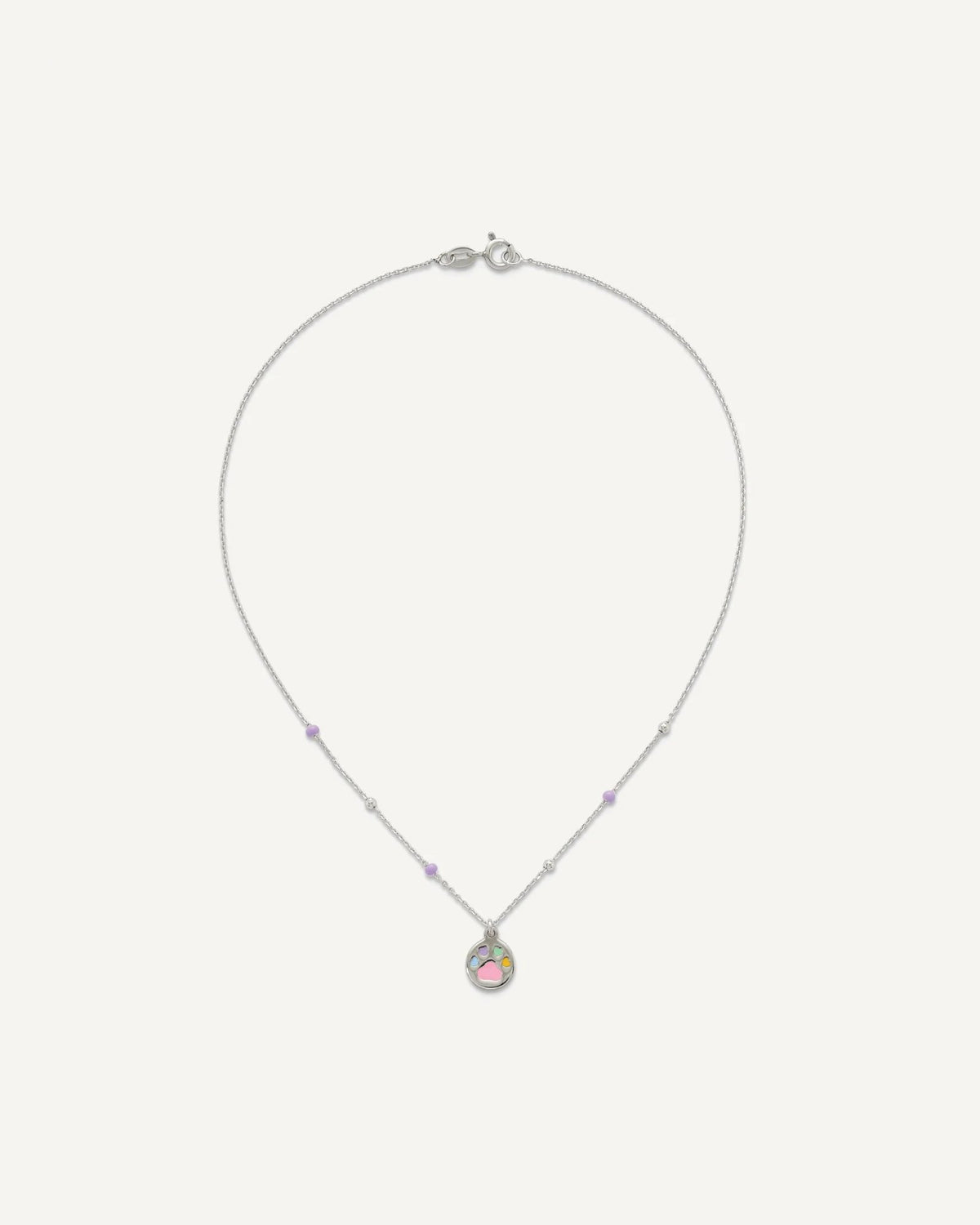 Sterling Silver Polished Beaded Enameled Multi-color Heart Pawprint 14 Inch Necklace – View 4