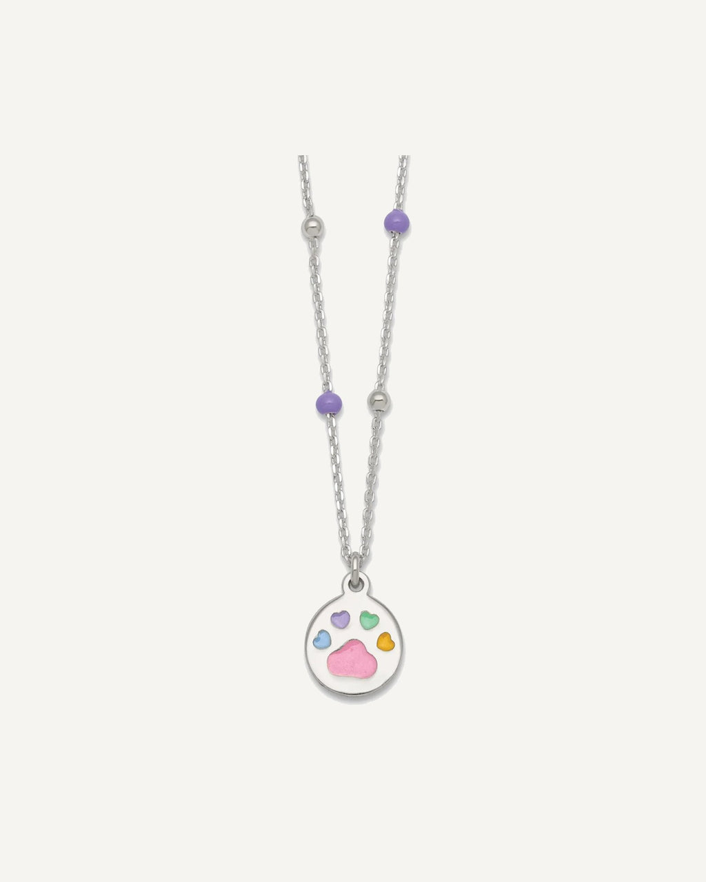 Sterling Silver Polished Beaded Enameled Multi-color Heart Pawprint 14 Inch Necklace – View 1