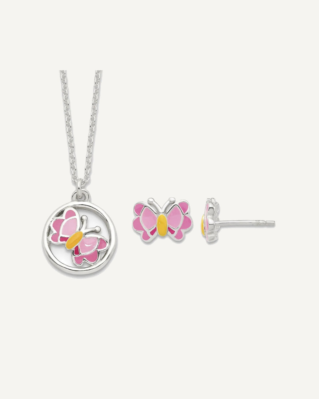 Sterling Silver Polished and Pink/Orange Enameled Butterfly Earrings and 14 Inch Necklace Set – View 1
