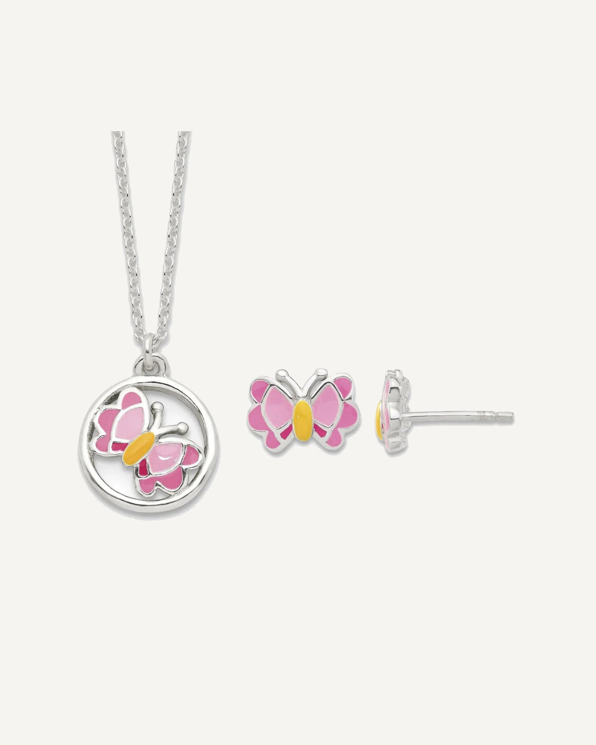Sterling Silver Polished and Pink/Orange Enameled Butterfly Earrings and 14 Inch Necklace Set – View 1