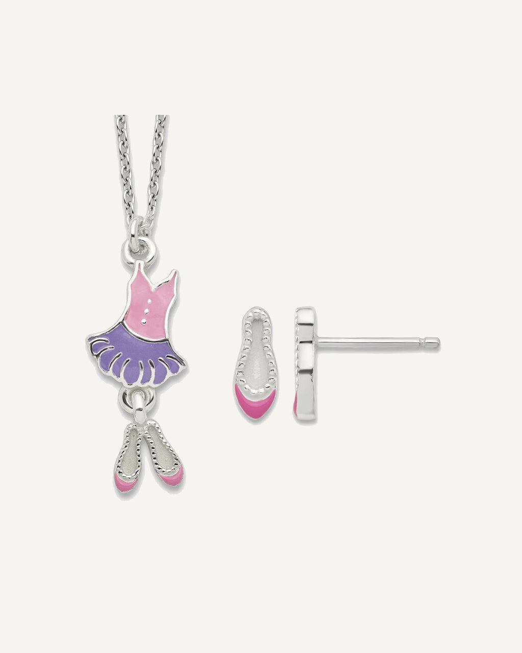 Sterling Silver Polished and Enameled Ballerina 14in Necklace and Ballet Shoes Earring Set – View 1