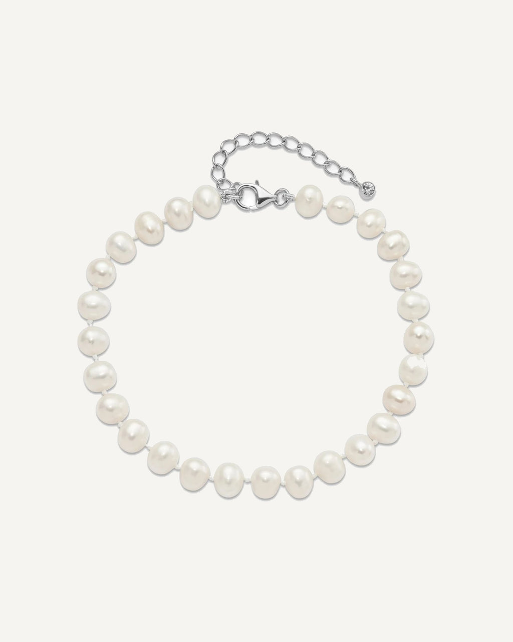 Sterling Silver Rhodium-plated 7-8mm White Near-Round Freshwater Cultured Pearl and CZ 8.5 with 2 inch Extension Anklet – View 4