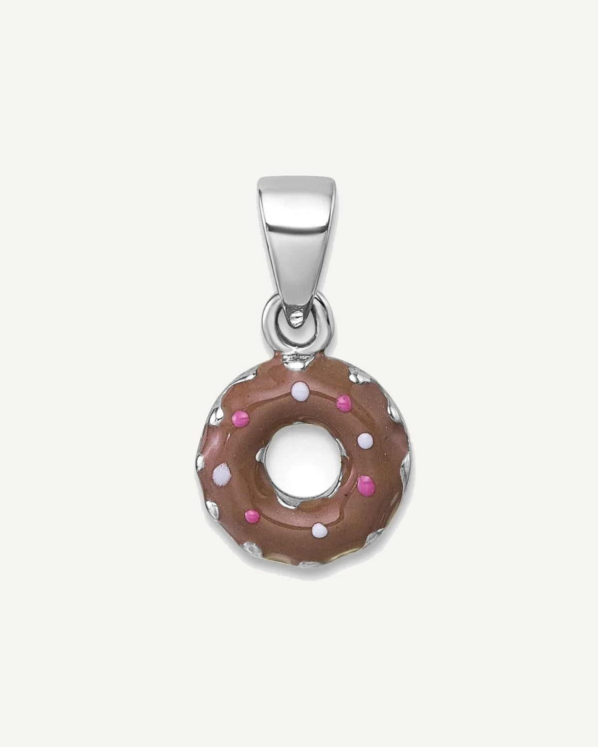 Sterling Silver Rhodium-plated Children's Brown with Pink and White Enamel Sprinkled Donut Pendant – View 1