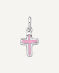 Sterling Silver Rhodium-plated Polished Pink Enamel Cross Charm Pendant – View 1