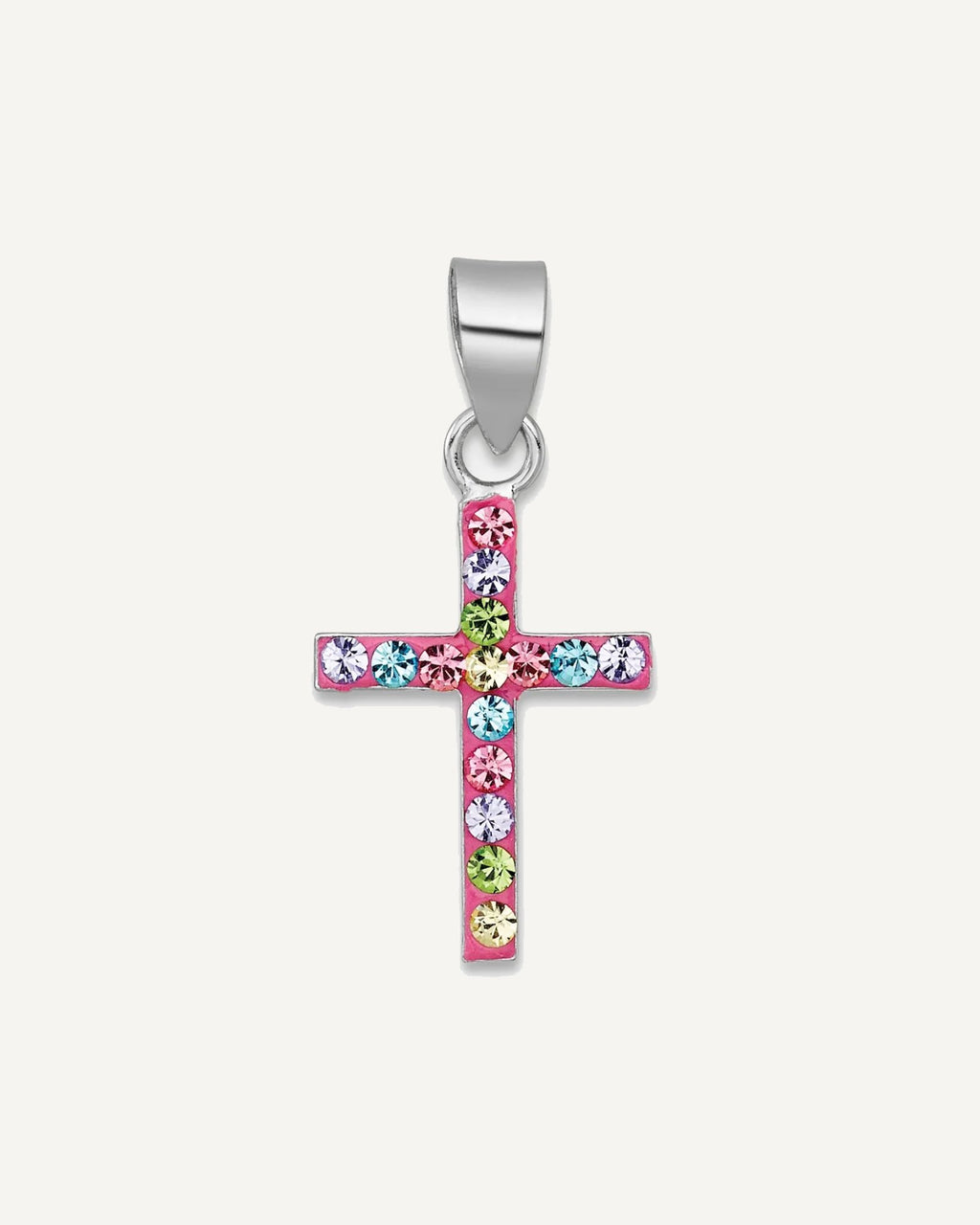 Sterling Silver Rhodium-plated Polished Pink/Blue/Green/Purple Crystal Cross Pendant – View 1