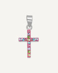 Sterling Silver Rhodium-plated Polished Pink/Blue/Green/Purple Crystal Cross Pendant – View 1