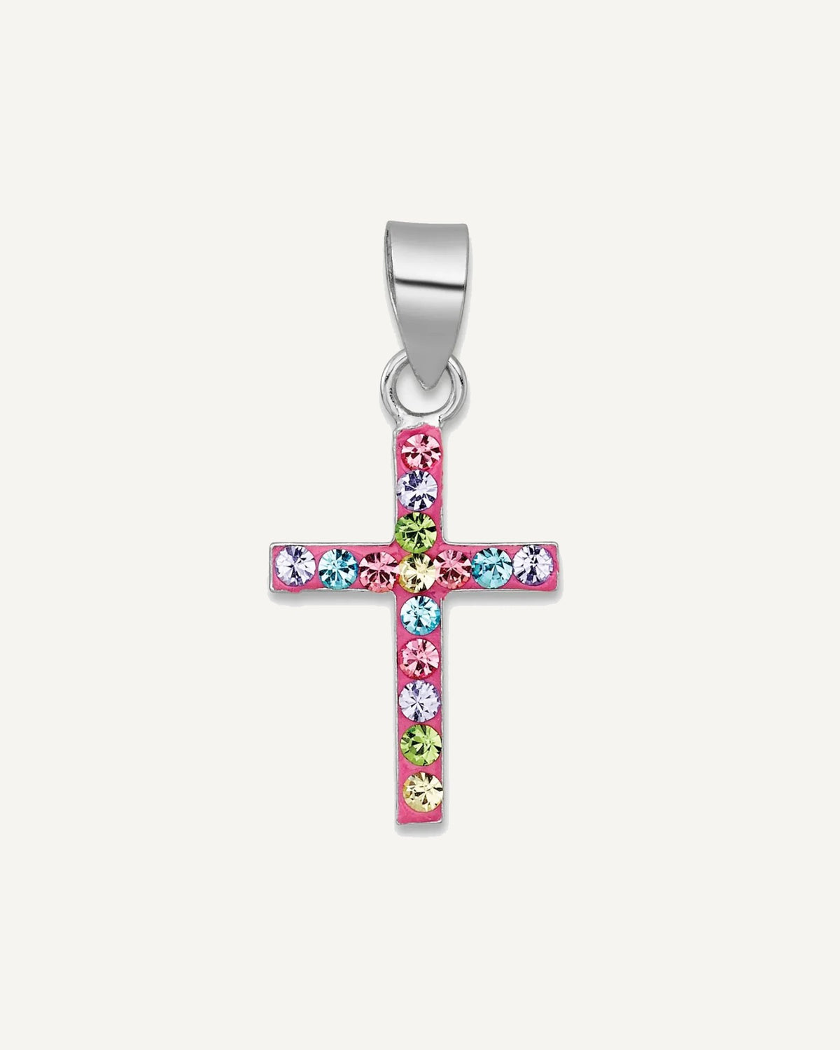 Sterling Silver Rhodium-plated Polished Pink/Blue/Green/Purple Crystal Cross Pendant – View 1