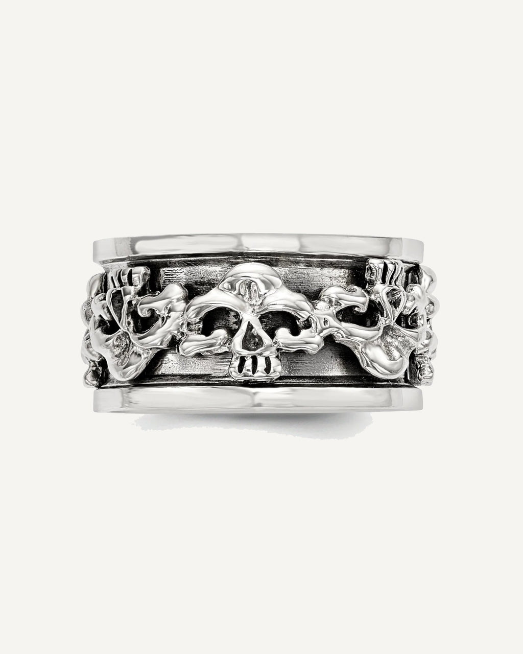 Sterling Silver Polished Spinning Center Antiqued Skull Ring – View 3
