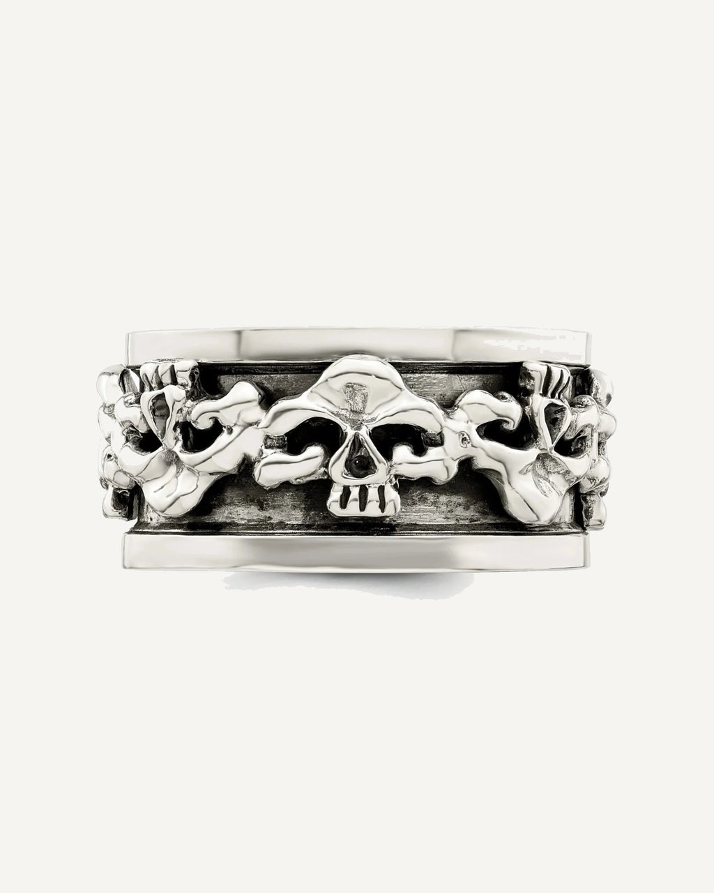 Sterling Silver Polished Spinning Center Antiqued Skull Ring – View 4