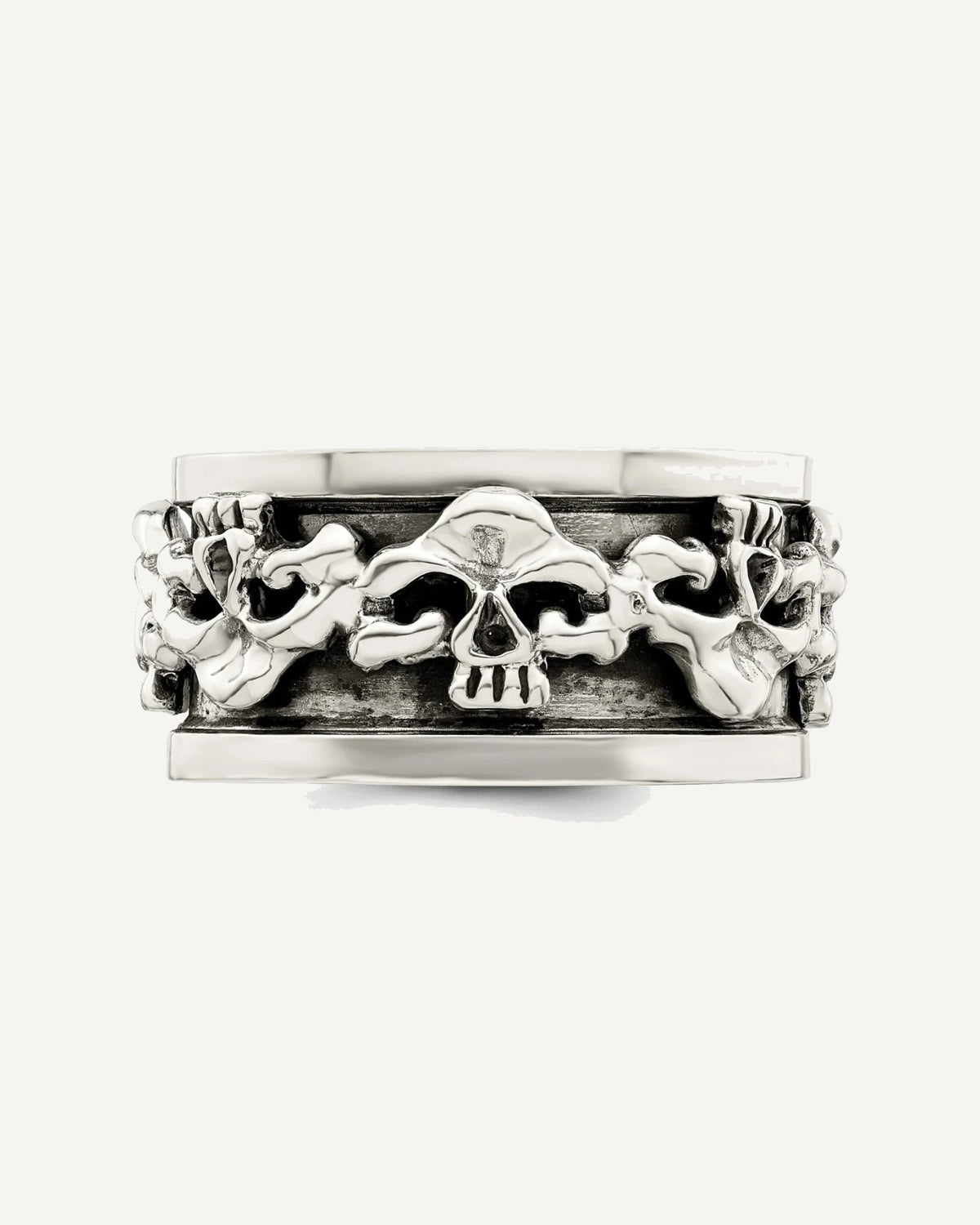 Sterling Silver Polished Spinning Center Antiqued Skull Ring – View 4