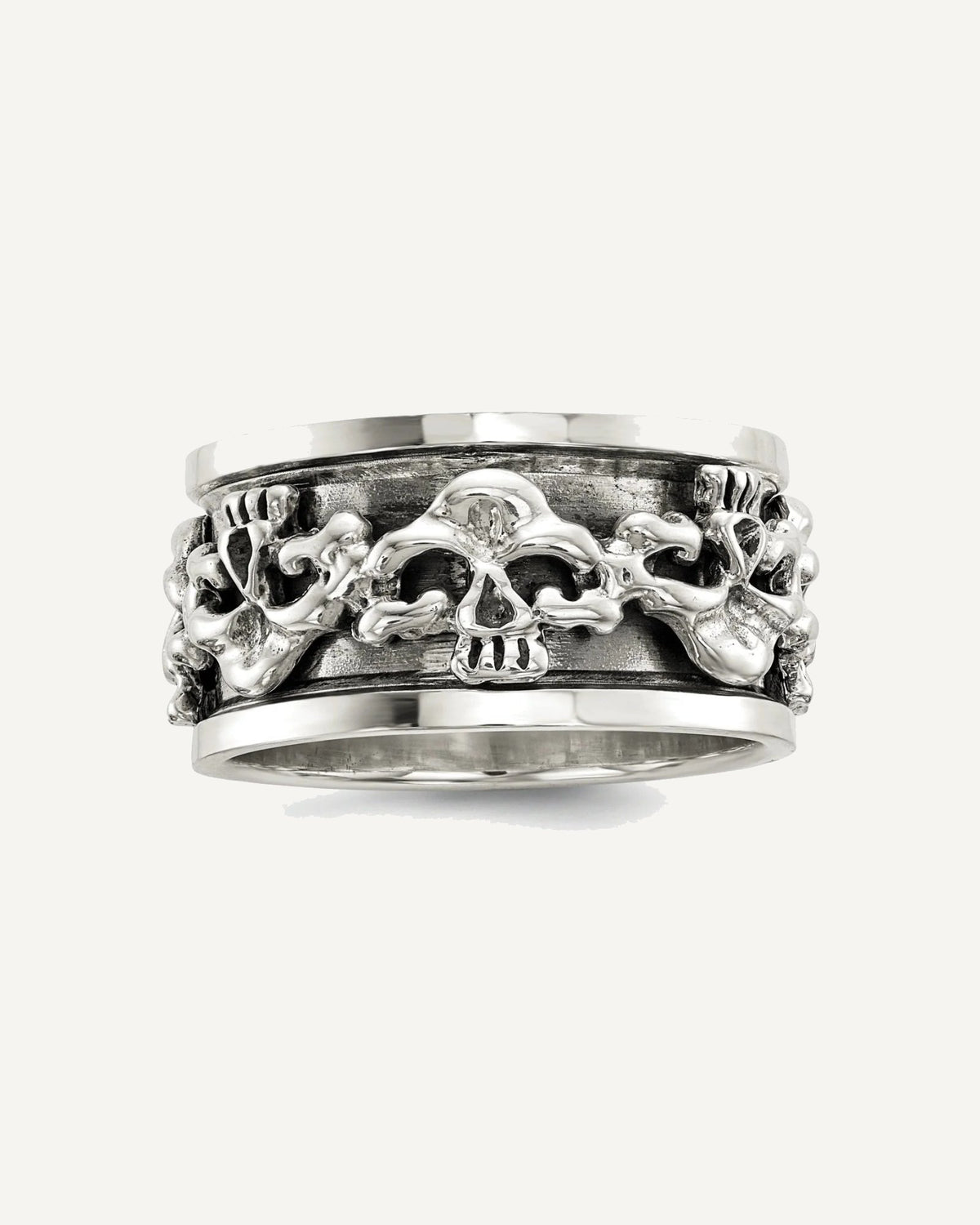 Sterling Silver Polished Spinning Center Antiqued Skull Ring – View 1