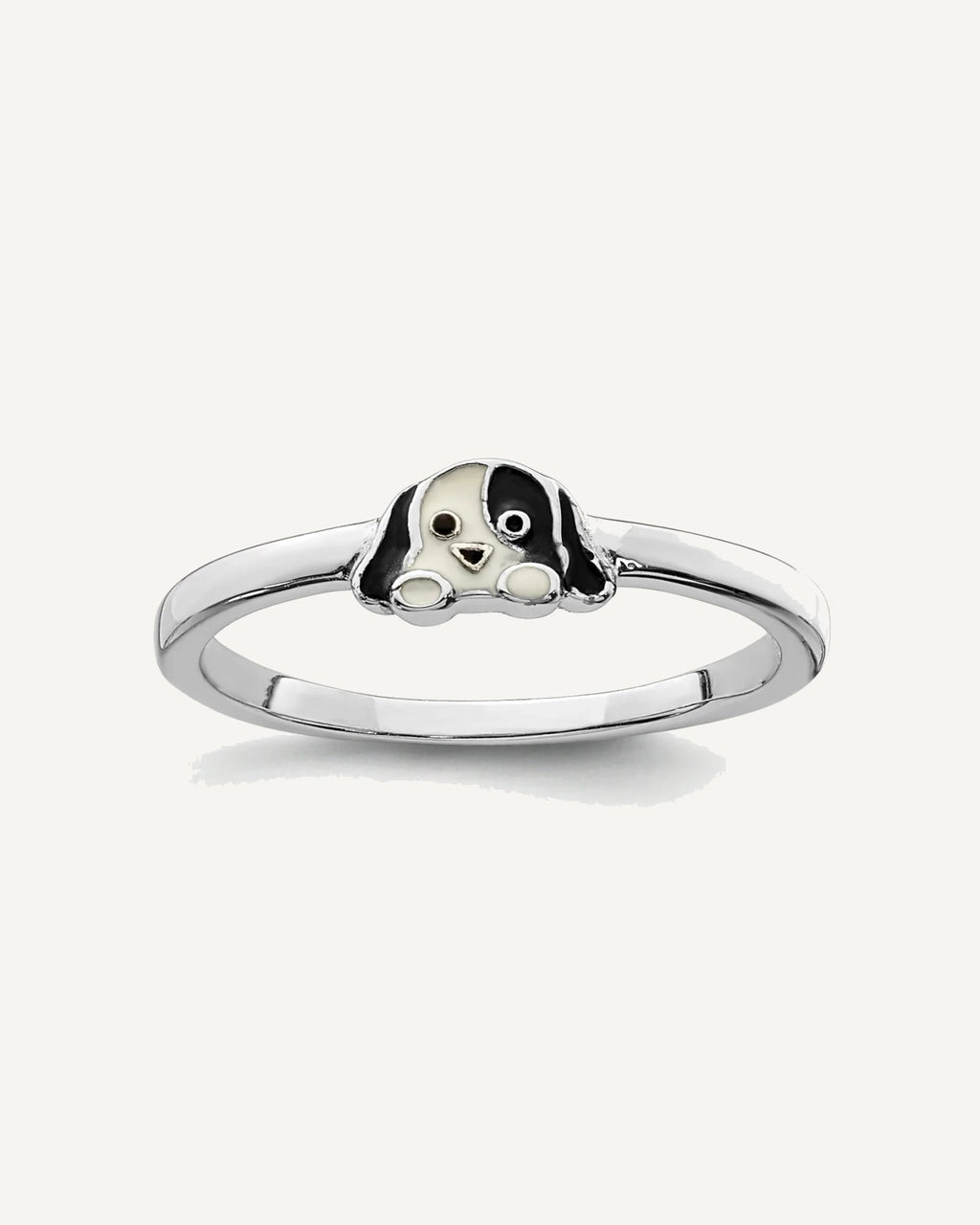 Sterling Silver RH-plated Black/White Enameled Puppy Size 4 Ring – View 1
