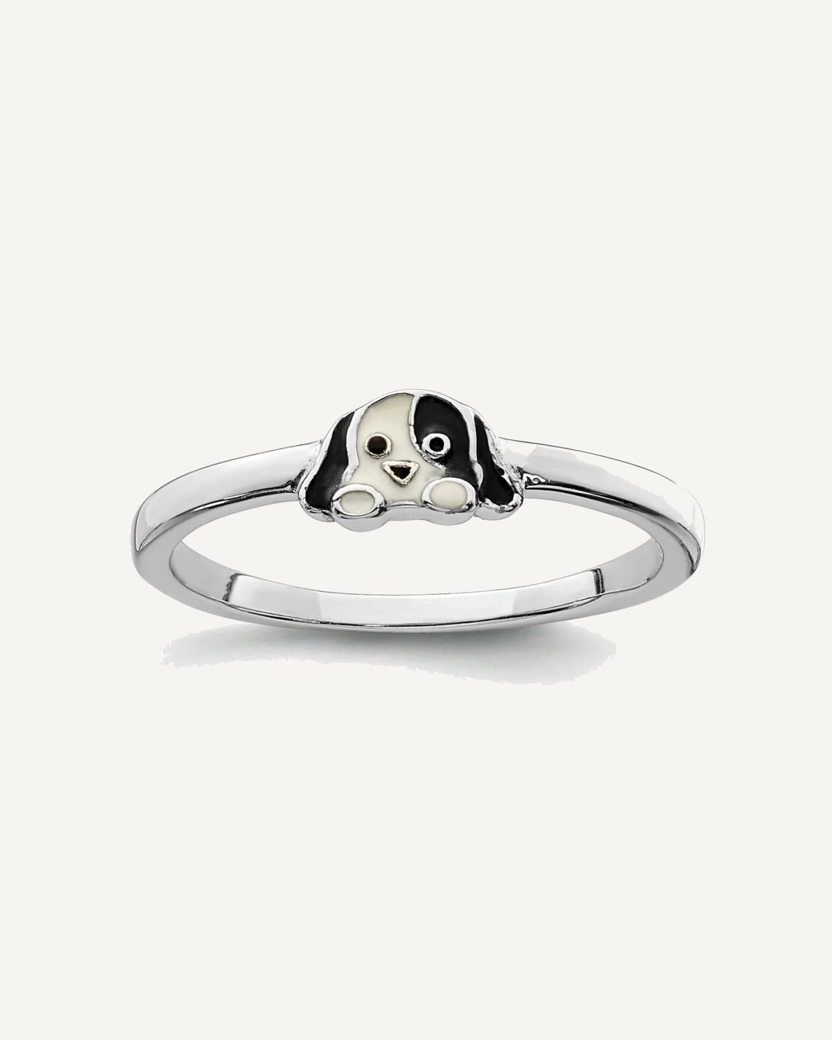 Sterling Silver RH-plated Black/White Enameled Puppy Size 4 Ring – View 1