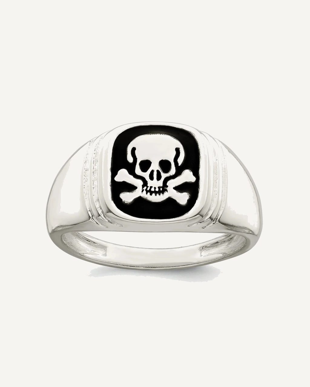 Sterling Silver Black Enameled Mens Skull and Crossbones Ring – View 1