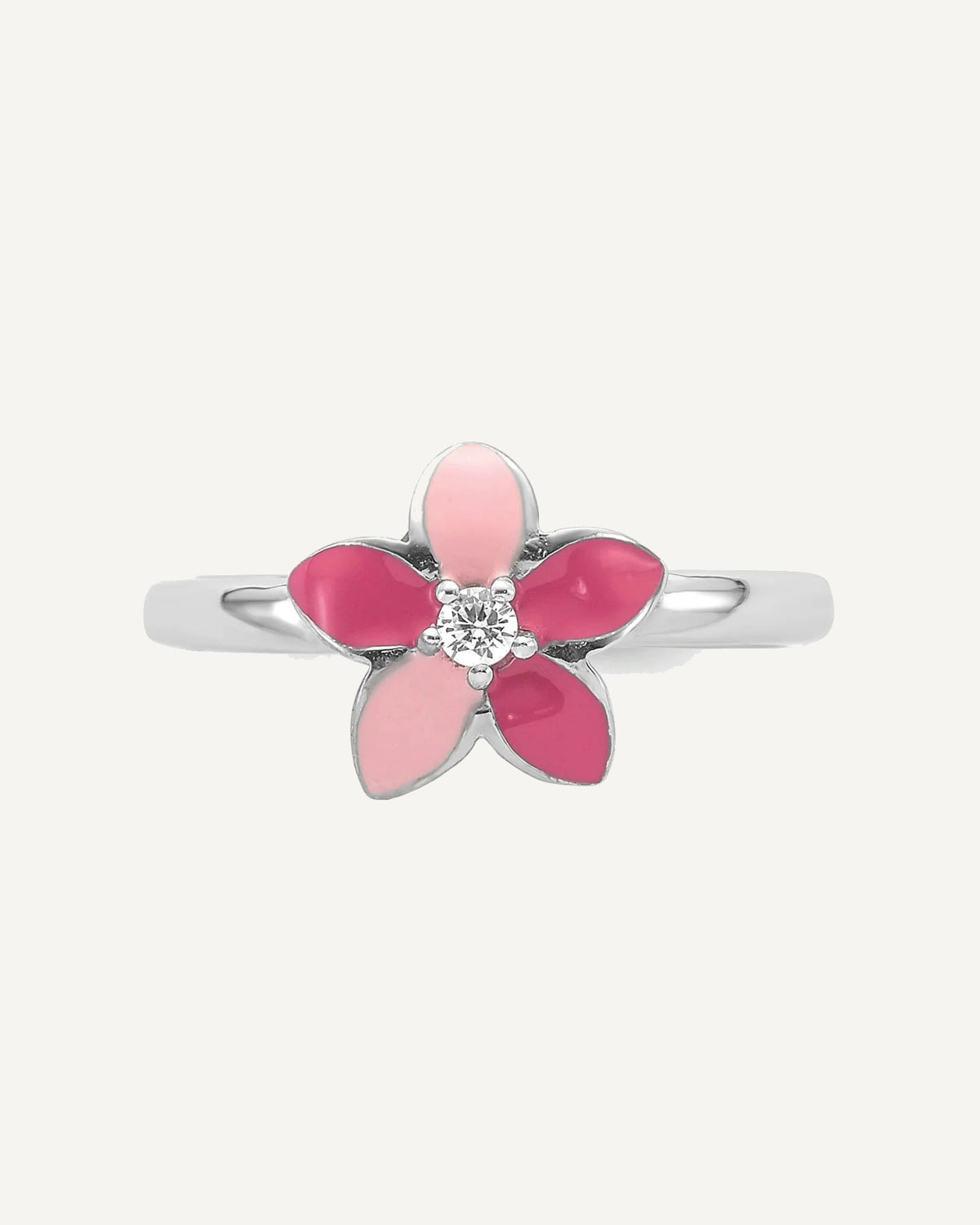 Sterling Silver RH-plated Pink Enameled and CZ Flower Children's Ring – View 4