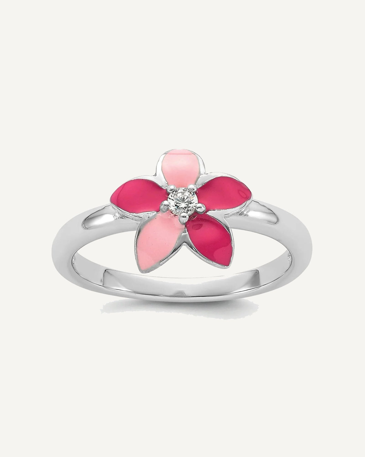 Sterling Silver RH-plated Pink Enameled and CZ Flower Children's Ring – View 1