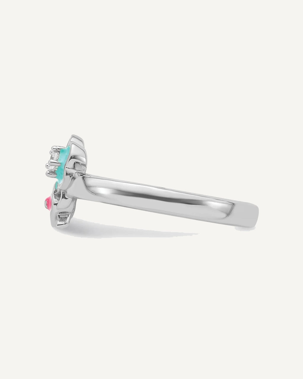 Sterling Silver RH-plated Blue/Pink Enameled and CZ Floral Size 3 Ring – View 3