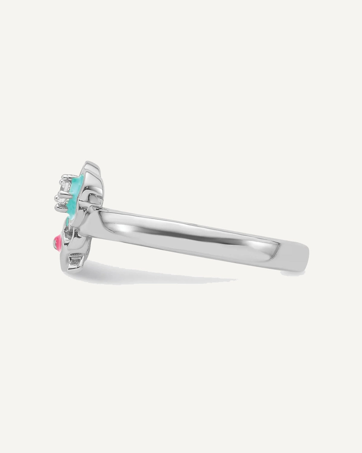 Sterling Silver RH-plated Blue/Pink Enameled and CZ Floral Size 3 Ring – View 3