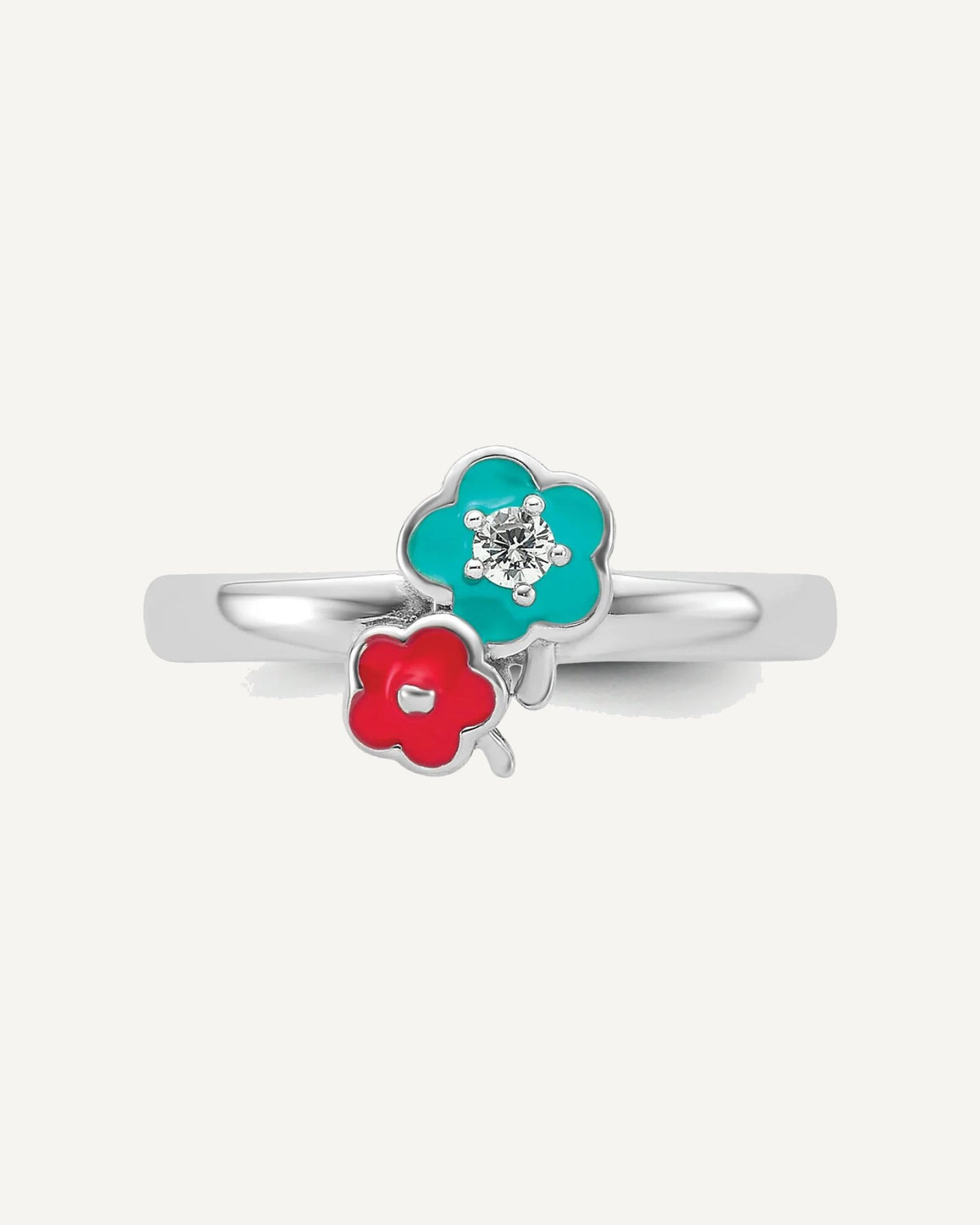 Sterling Silver RH-plated Blue/Pink Enameled and CZ Floral Size 3 Ring – View 4