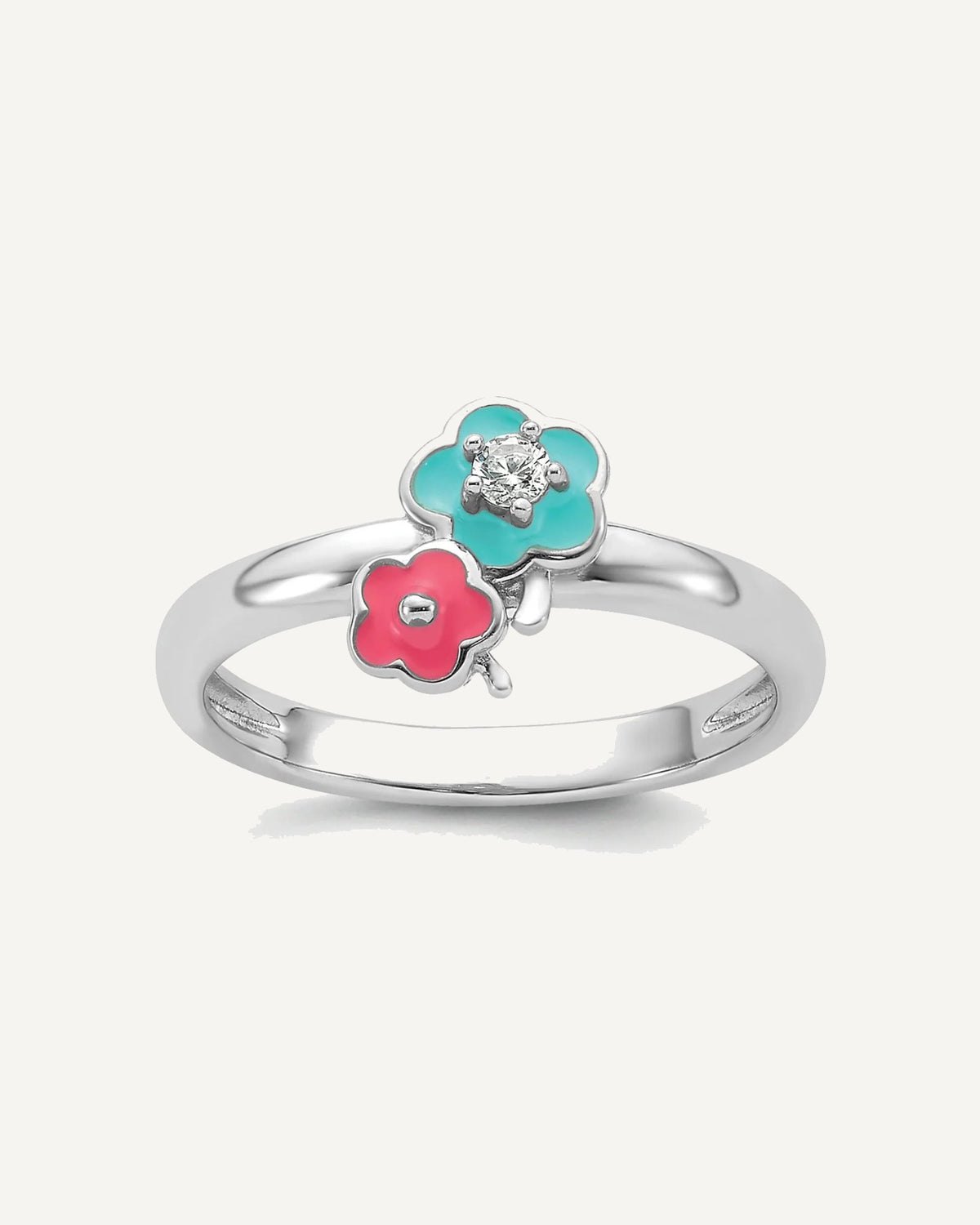Sterling Silver RH-plated Blue/Pink Enameled and CZ Floral Size 3 Ring – View 1