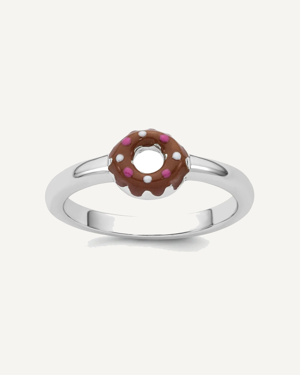 Sterling Silver Rhodium-plated Children's Size 3 Brown with Pink and White Enamel Sprinkled Donut Ring – View 1