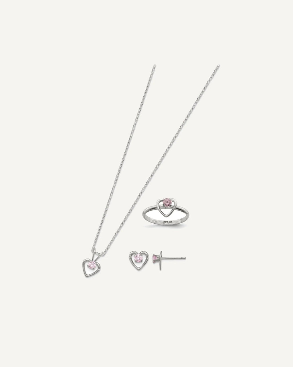 Sterling Silver Polished Pink CZ Heart Children's 15in Necklace, Size 3 Ring and Post Earrings Set – View 2