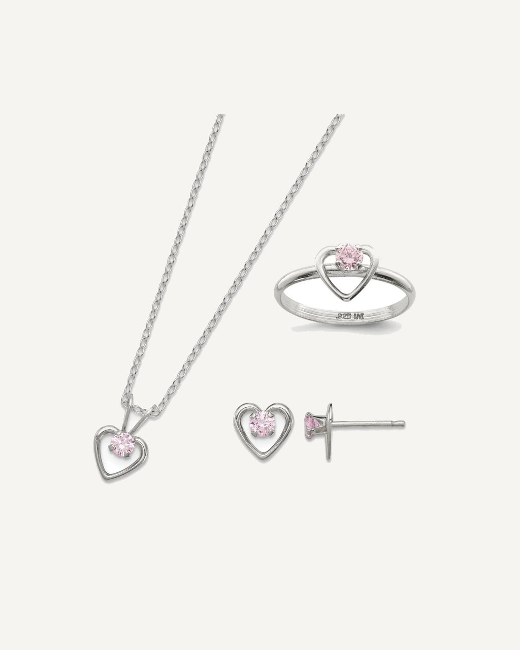 Sterling Silver Polished Pink CZ Heart Children's 15in Necklace, Size 3 Ring and Post Earrings Set – View 1