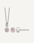Sterling Silver Polished Pink Bezel Set CZ 14 Inch Necklace and Stud Earrings Set – View 1