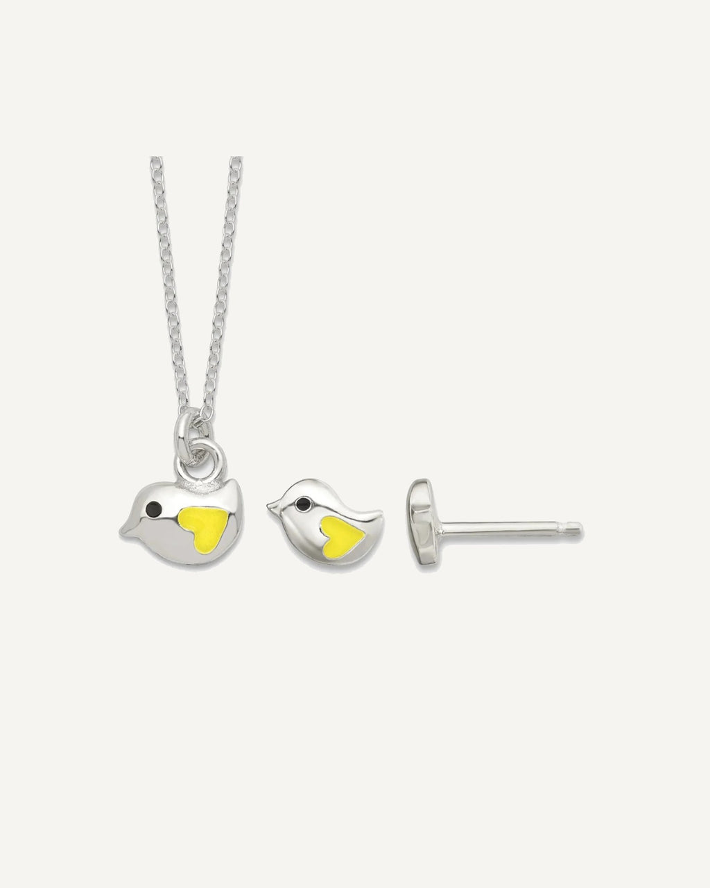 Sterling Silver Polished Yellow and Black Enameled Bird 14 Inch Necklace and Post Earrings Set – View 1