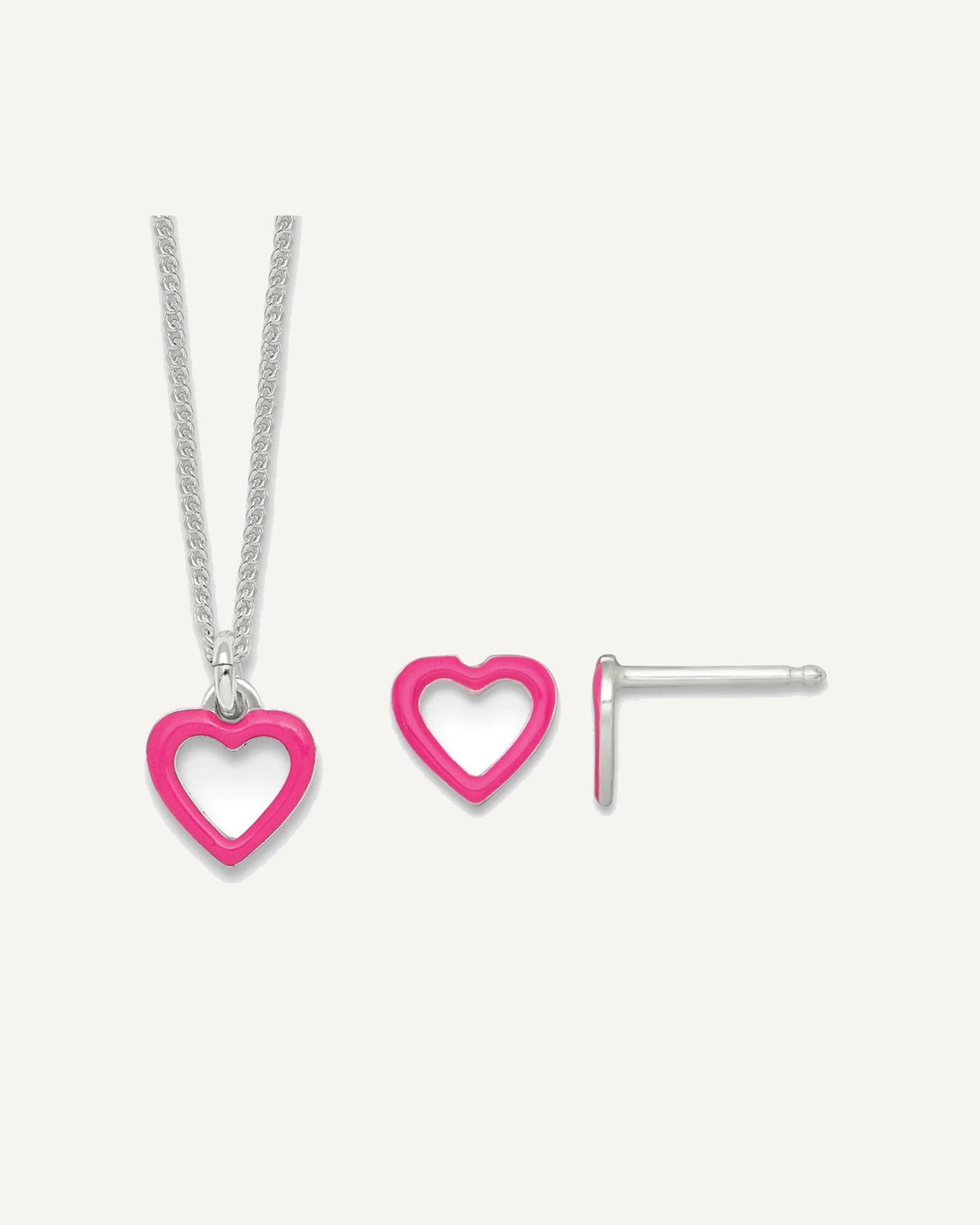 Sterling Silver Polished Pink Enamel Open Heart Youth 14 inch Necklace and Earrings Set – View 1